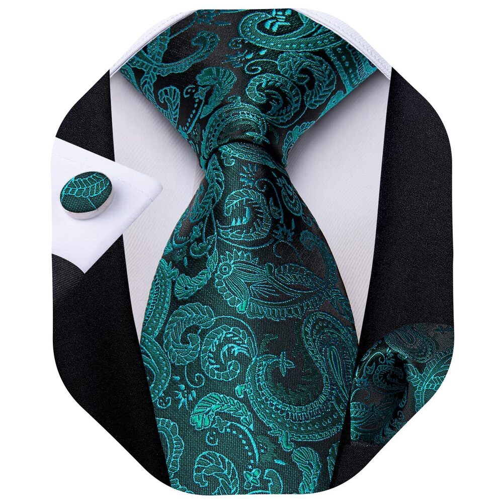 2288 Hunter Teal Paisley Tie Set Silk Teal Green Necktie and Handkerchief